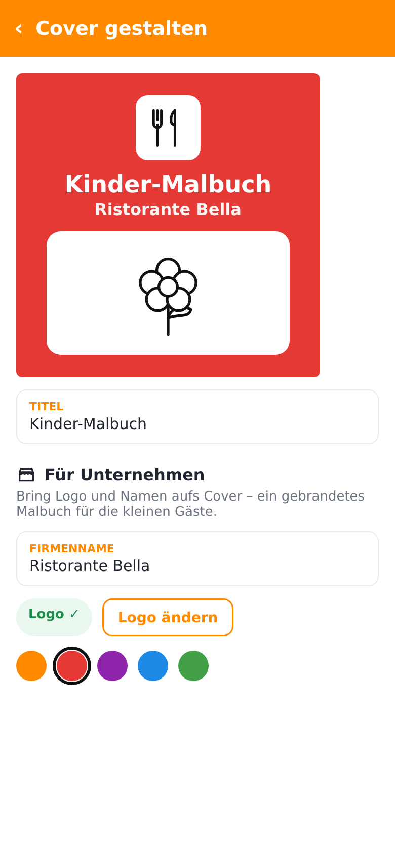 Cover designer with a red business cover: logo, the title “Kinder-Malbuch”, the company name Ristorante Bella and a colour picker